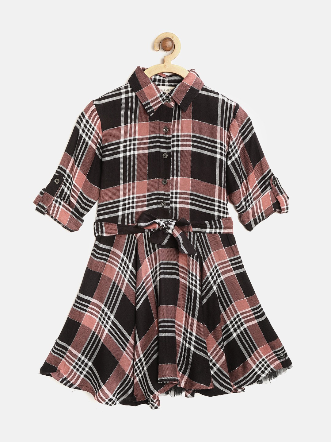 

Gini and Jony Girls Dusty Pink & Black Checked A-Line Dress With Belt