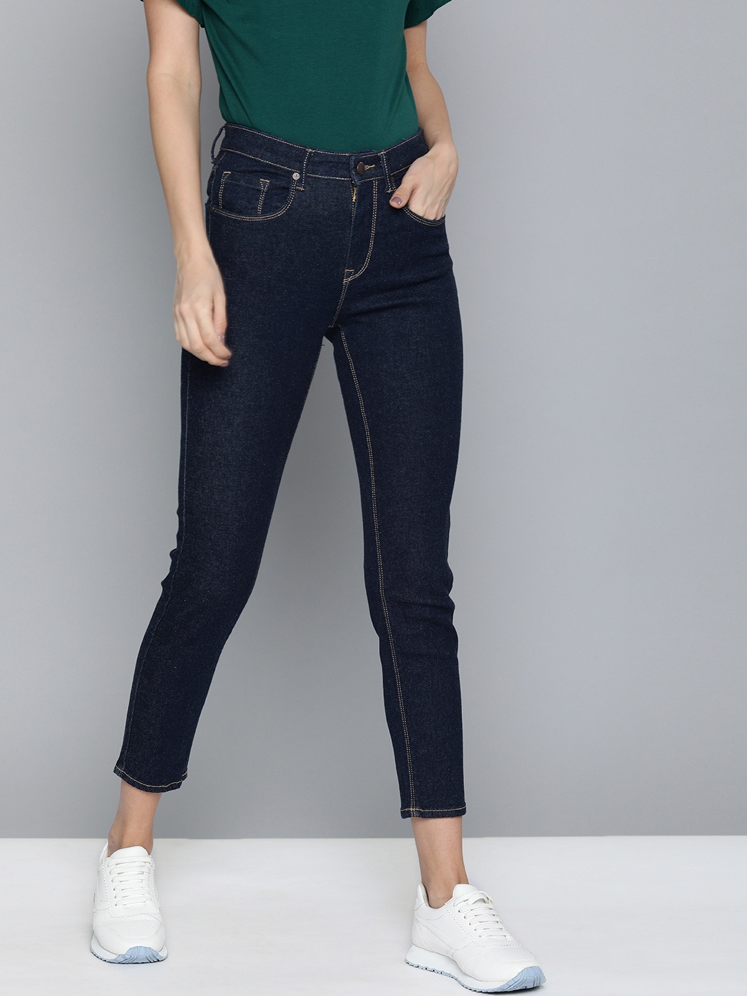 

HERE&NOW Women Blue Skinny Fit High-Rise Clean Look Stretchable Cropped Jeans
