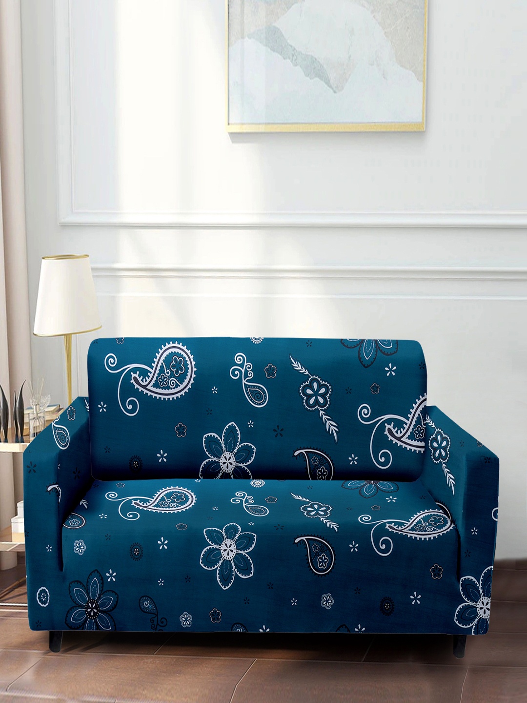 

Cortina Teal Blue Printed 3-Seater Stretchable Non-Slip Sofa Slipcover, Navy blue