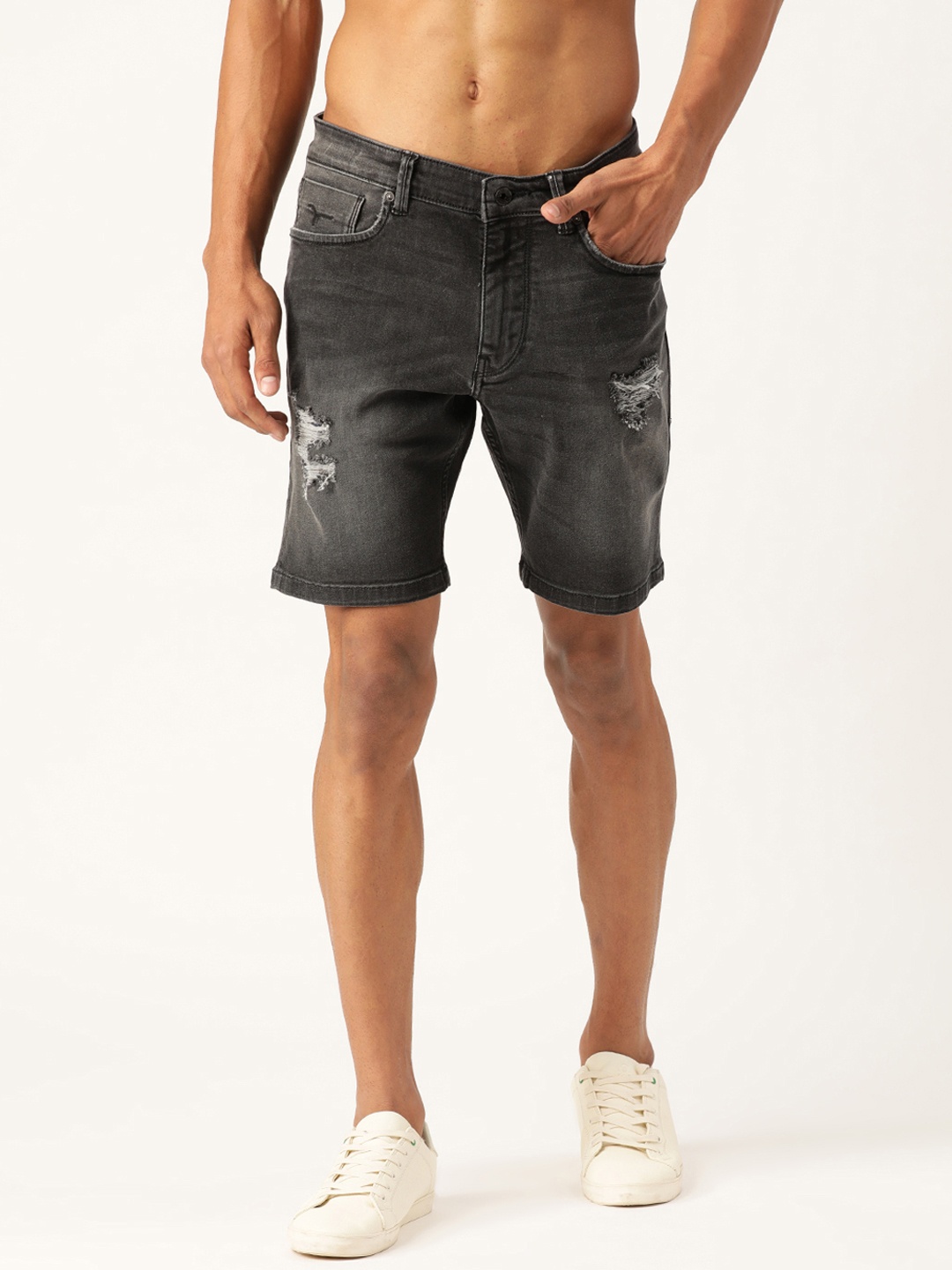 

Flying Machine Men Charcoal Grey Washed Slim Fit Denim Shorts