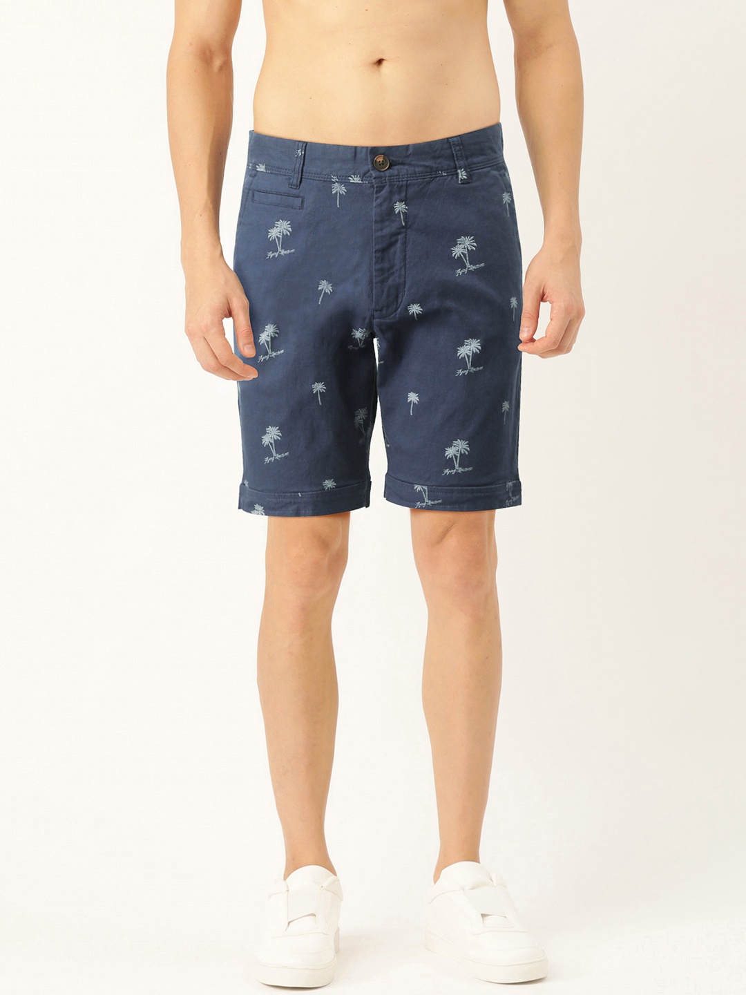 

Flying Machine Men Navy Blue & White Tropical Print Slim Fit Chino Shorts