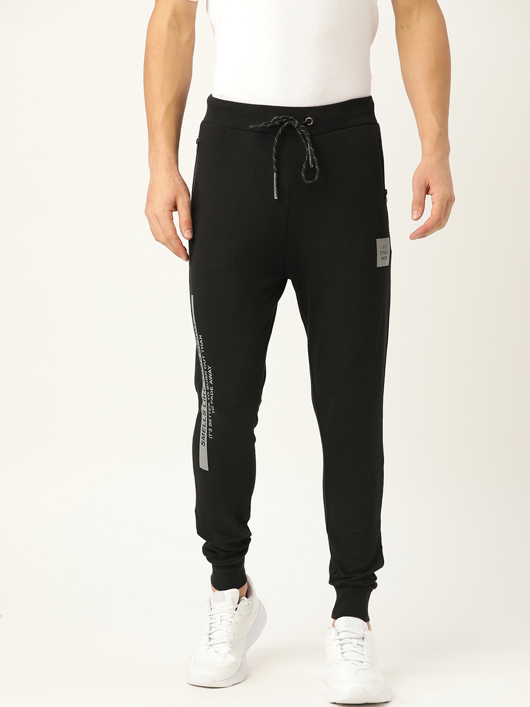 

Flying Machine Men Black Solid Joggers with Printed Detail