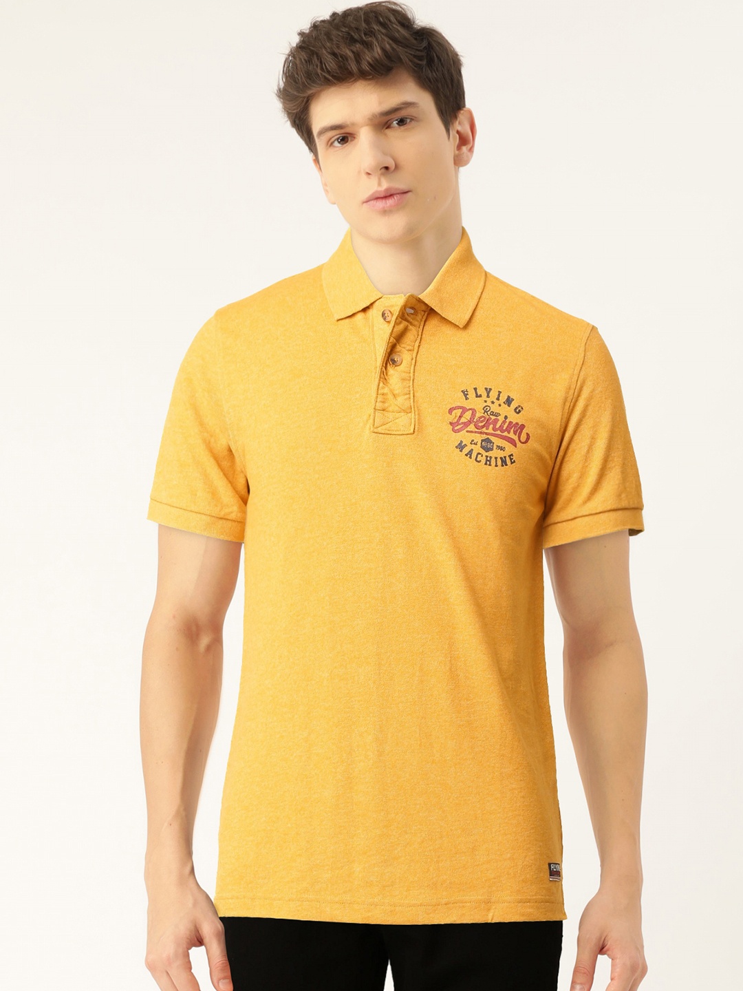 

Flying Machine Men Mustard Yellow Solid Polo Collar T-shirt with Printed Detail
