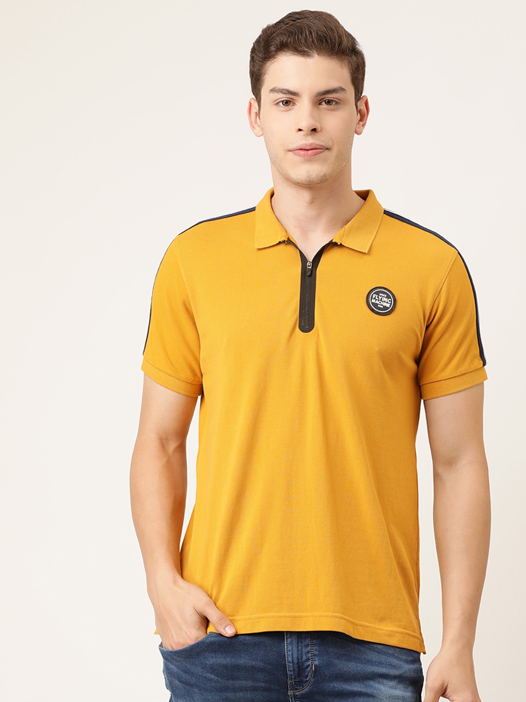 

Flying Machine Men Yellow Solid Polo Collar Pure Cotton T-shirt