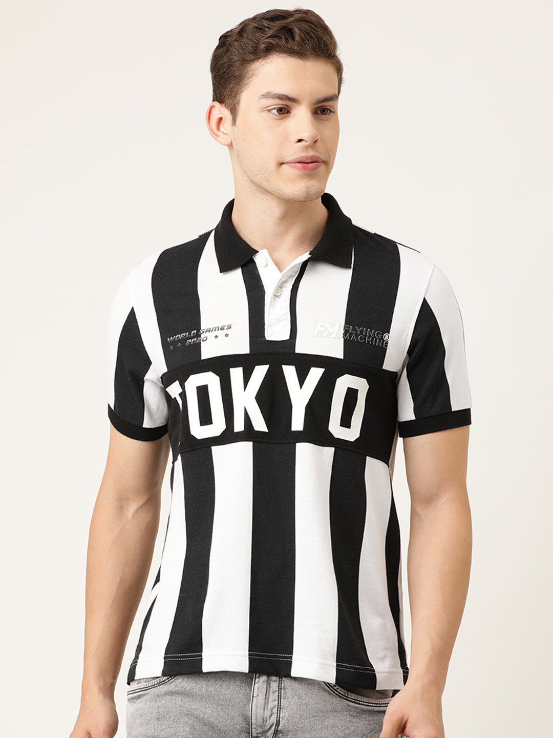 

Flying Machine Men Black Striped Polo Collar Pure Cotton T-shirt