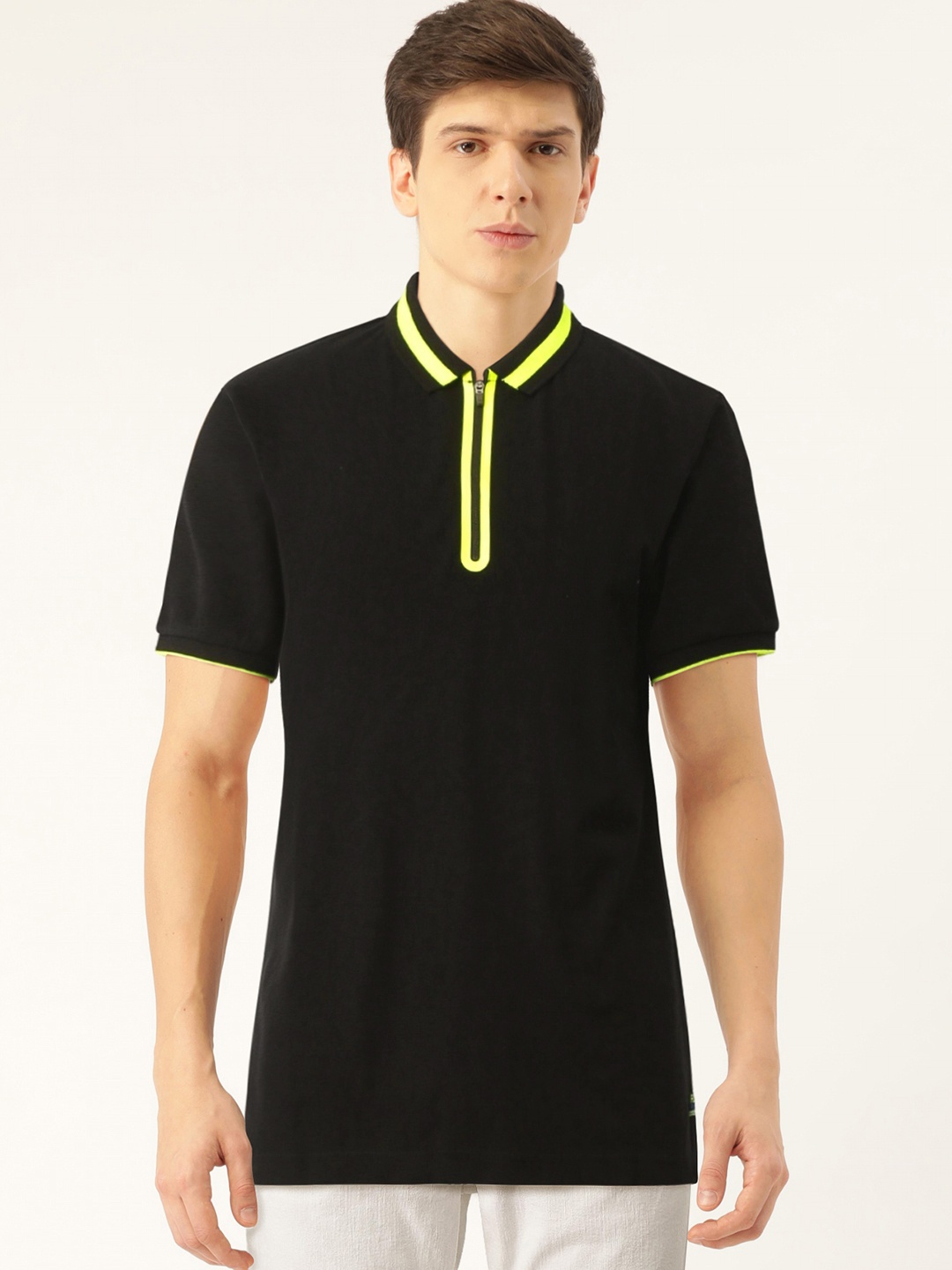 

Flying Machine Men Black Solid Polo Collar Pure Cotton T-shirt