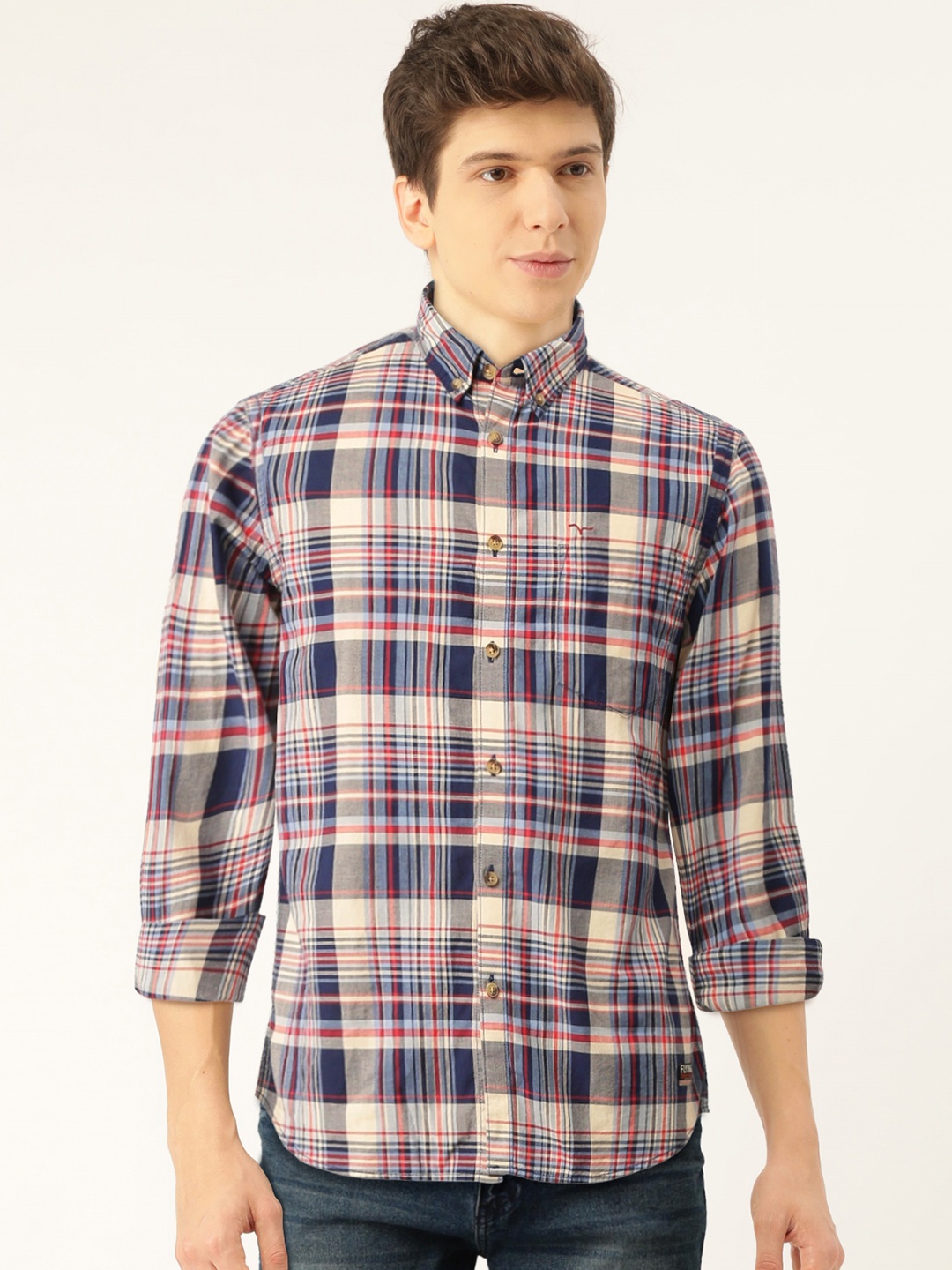 

Flying Machine Men Navy Blue & White Checked Slim Fit Casual Shirt