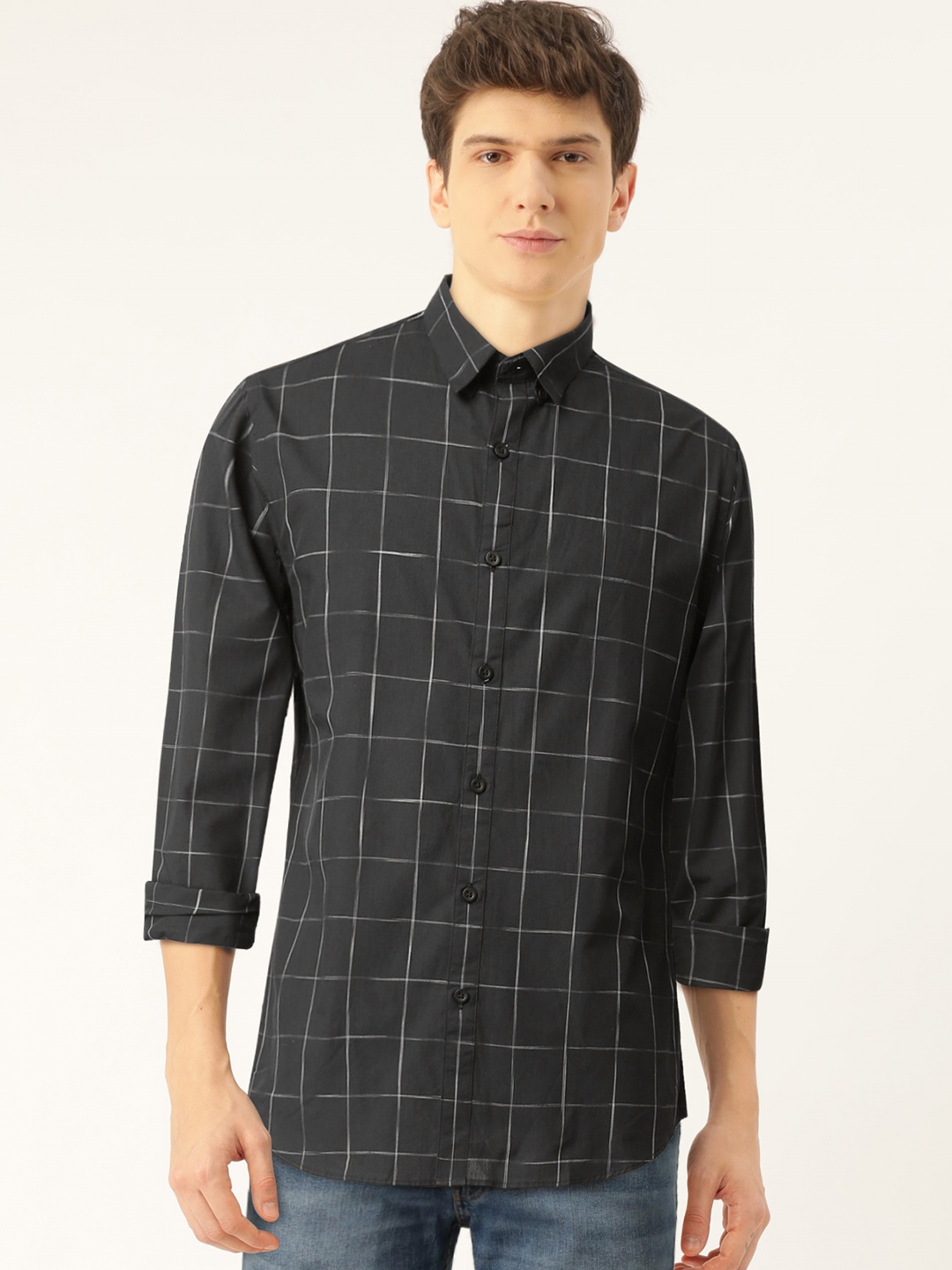 

Flying Machine Men Back & Grey Checked Slim Fit Casual Shirt, Black