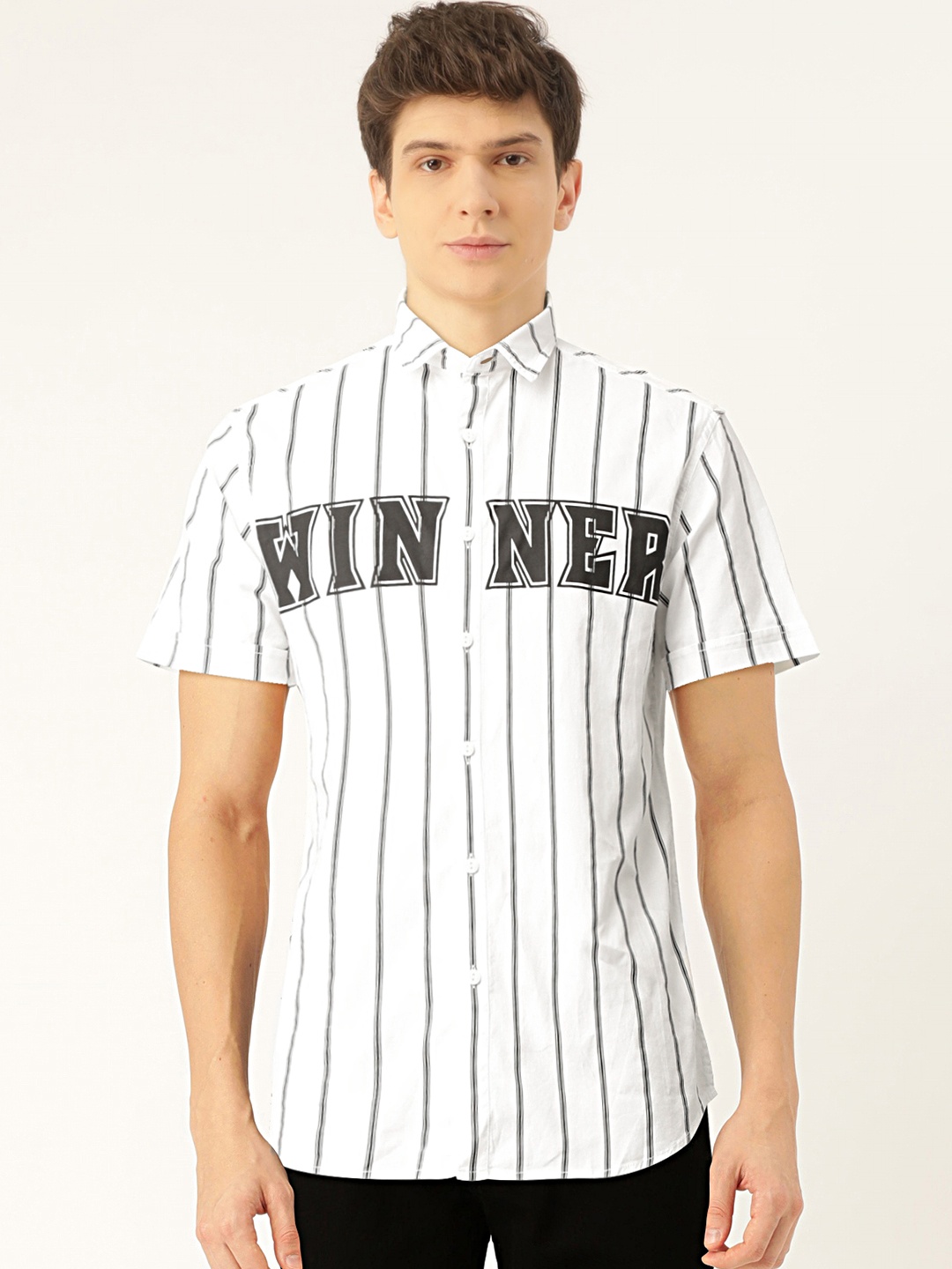 

Flying Machine Men White & Black Striped Slim Fit Casual Shirt with Printed Detail