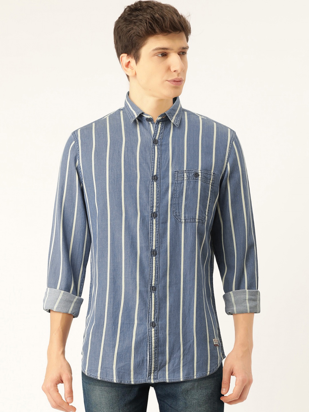 

Flying Machine Men Blue & White Striped Slim Fit Casual Shirt