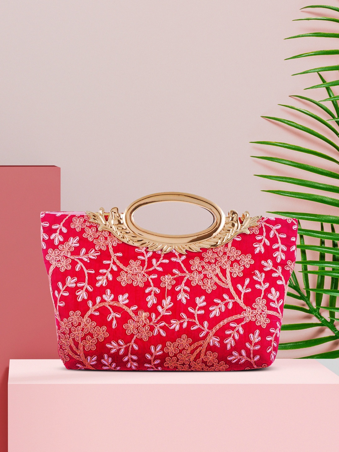 

Kuber Industries Pink & Gold-Toned Embellished Handheld Bag