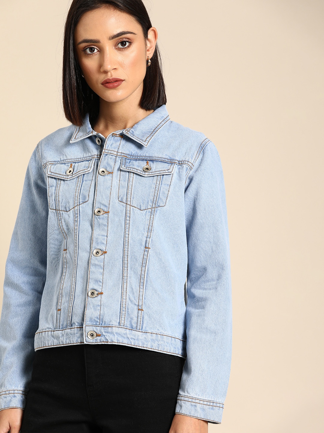 

ether Women Blue Solid Denim Jacket