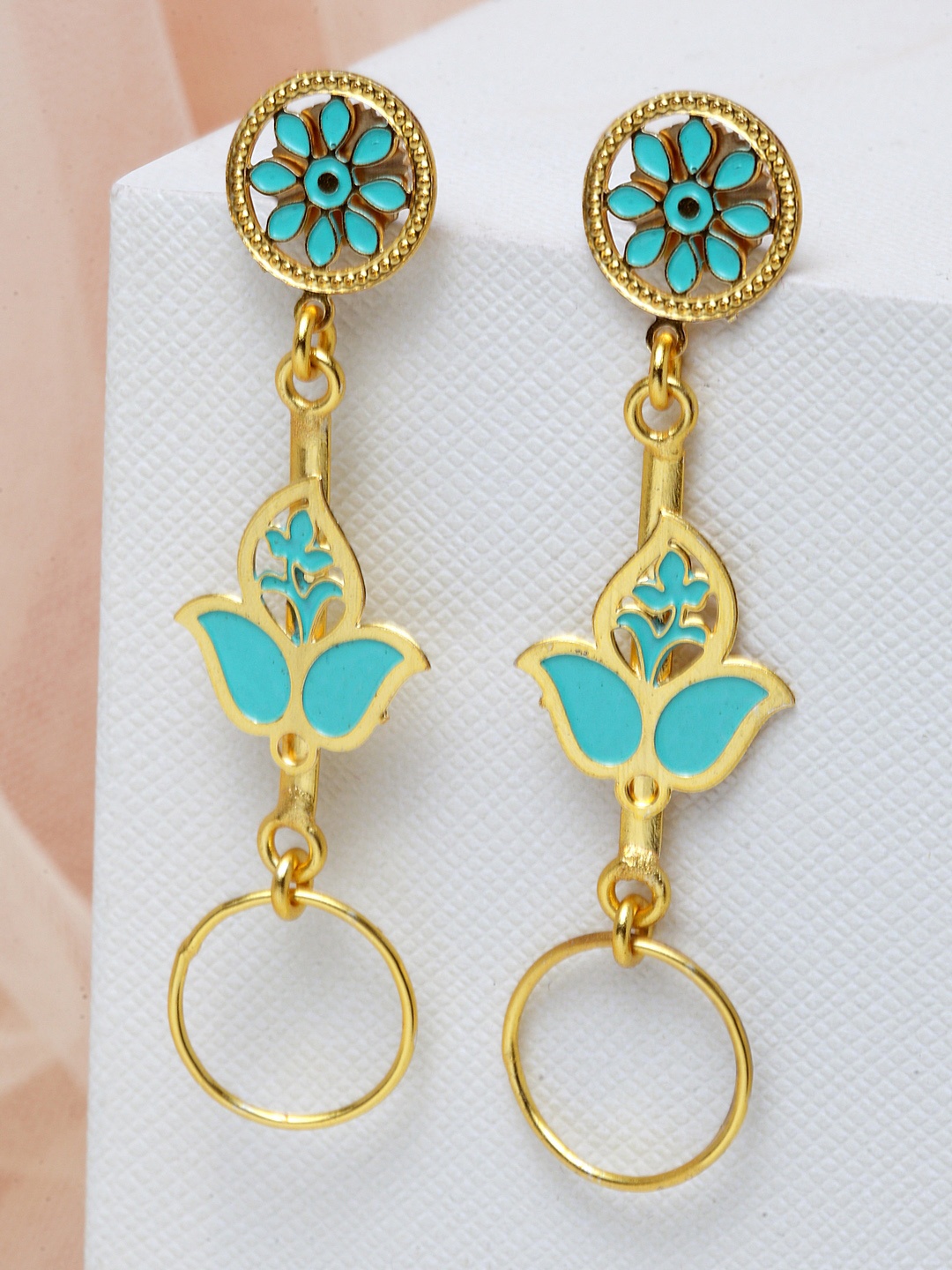 

PANASH Gold-Toned & Sea Green Floral Drop Earrings