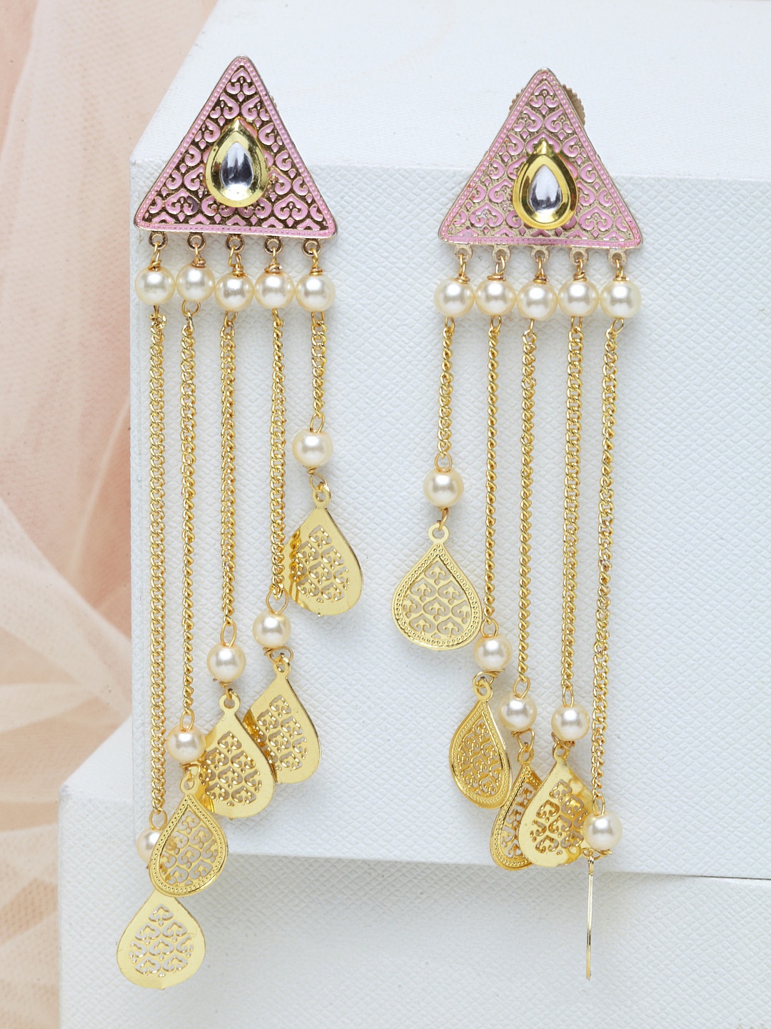 

PANASH Gold-Toned & Pink Kundan-Studded Triangular Drop Earrings