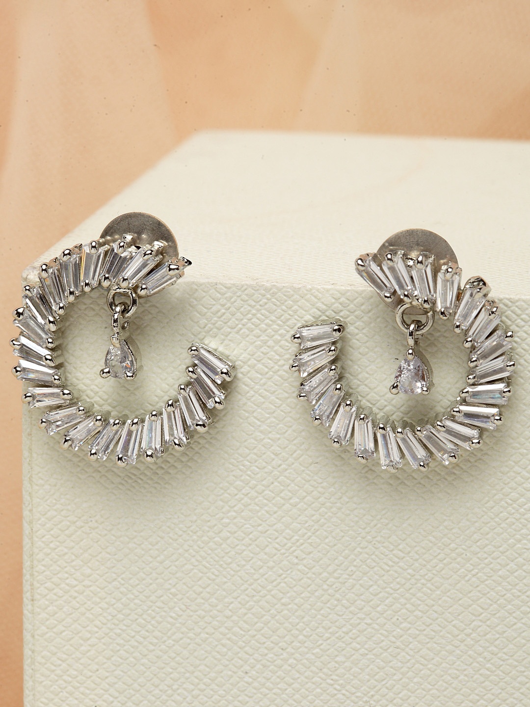 

PANASH Silver Rhodium-Plated Off-White AD-Studded Crescent Shaped Drop Earrings