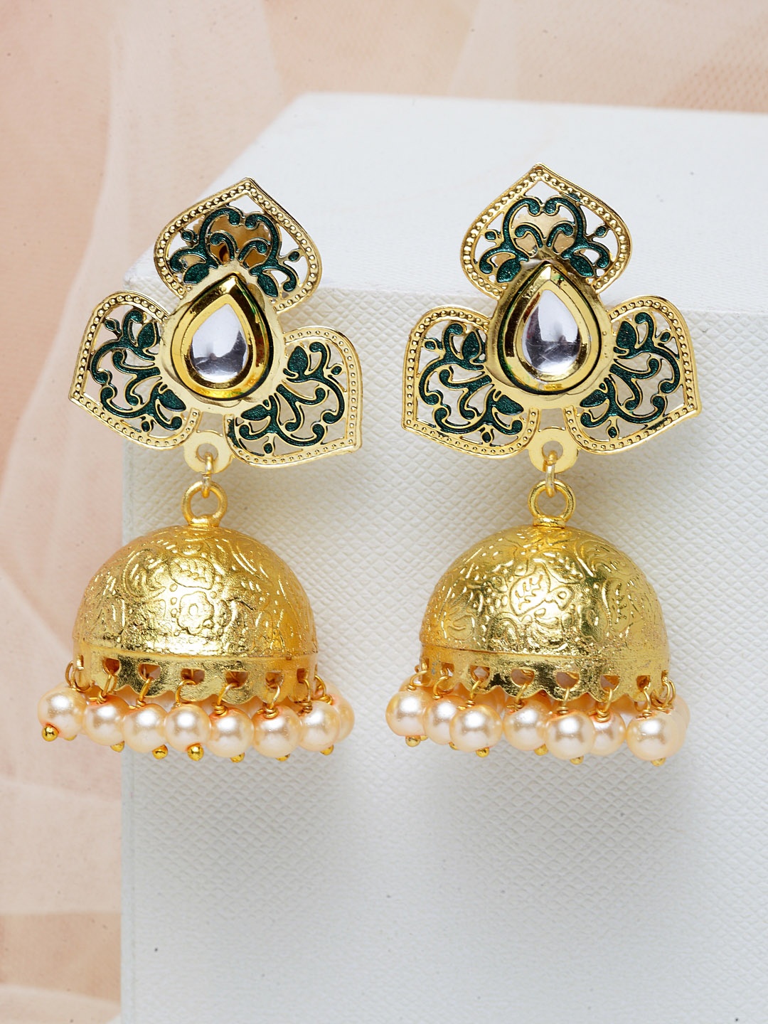 

PANASH Gold-Plated & Green Kundan Dome Shaped Jhumkas