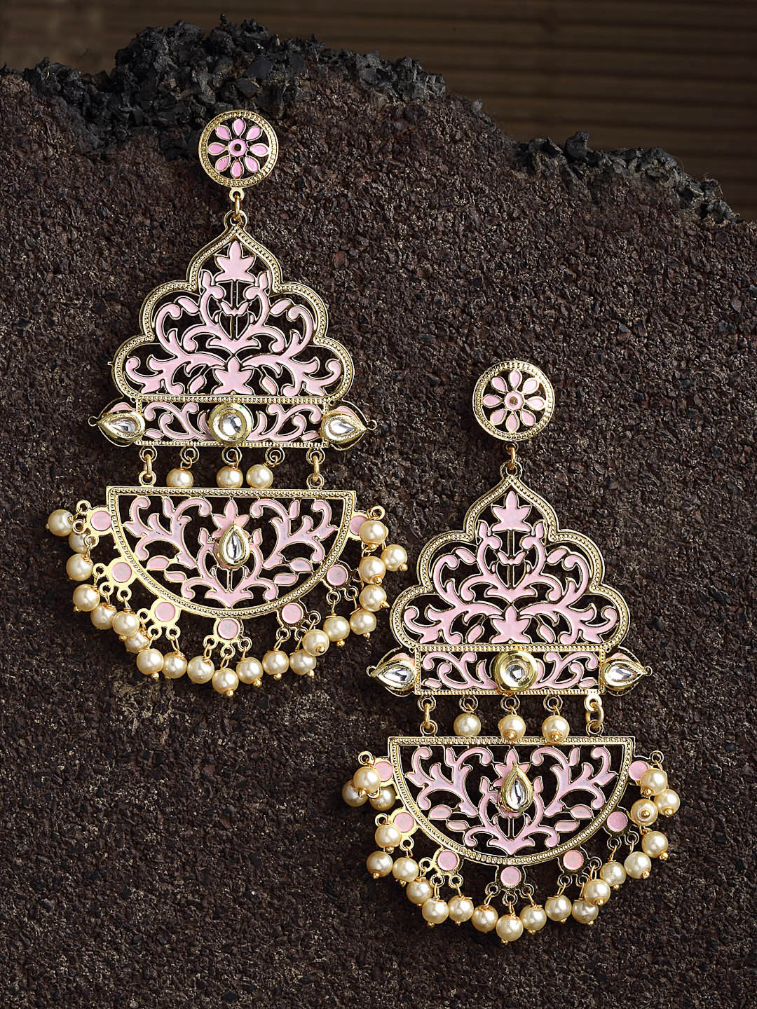 

PANASH Gold-Plated & Pink Kundan Classic Drop Earrings