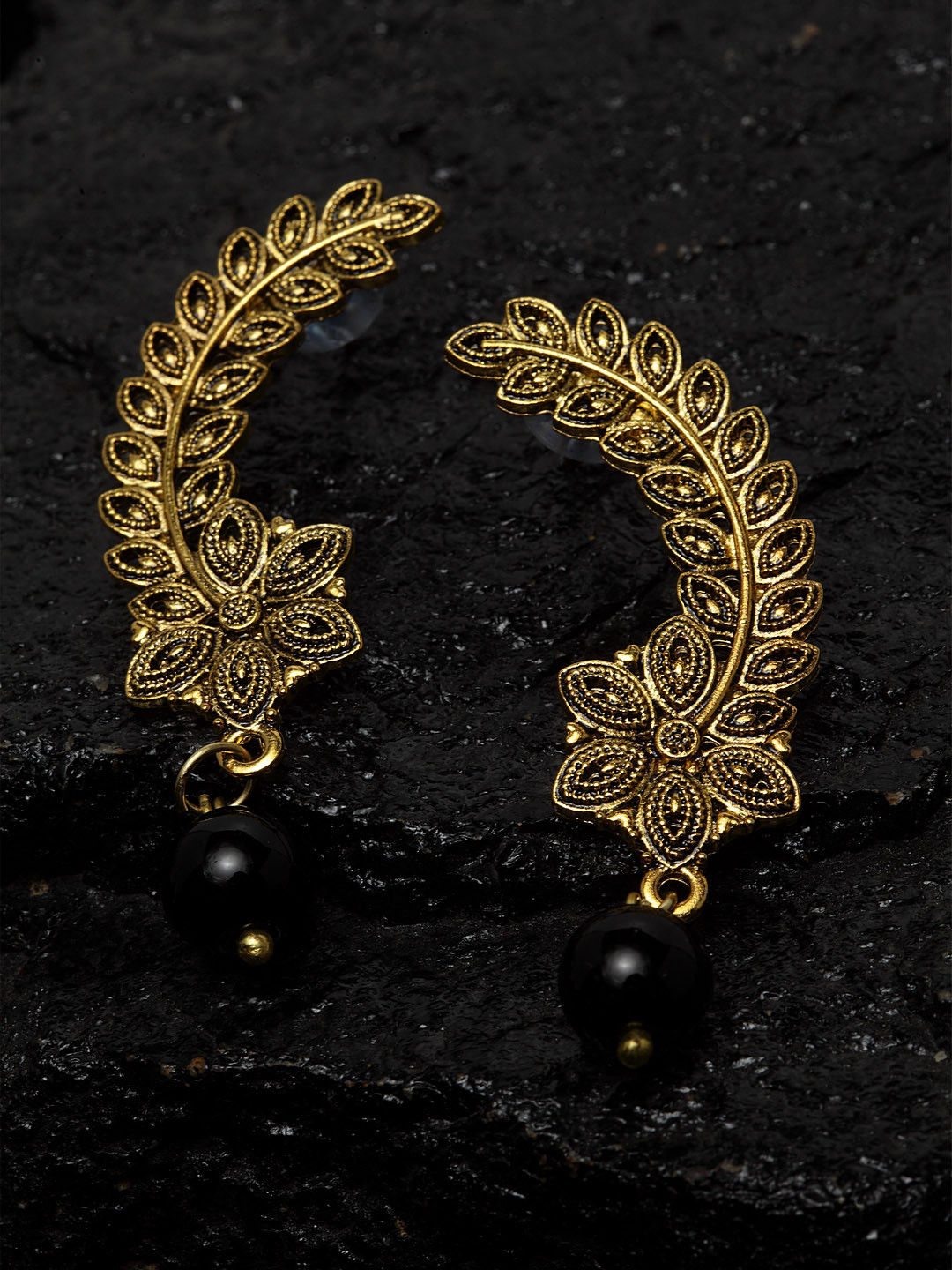 

PANASH Gold-Plated & Black Leaf Shaped Drop Earrings