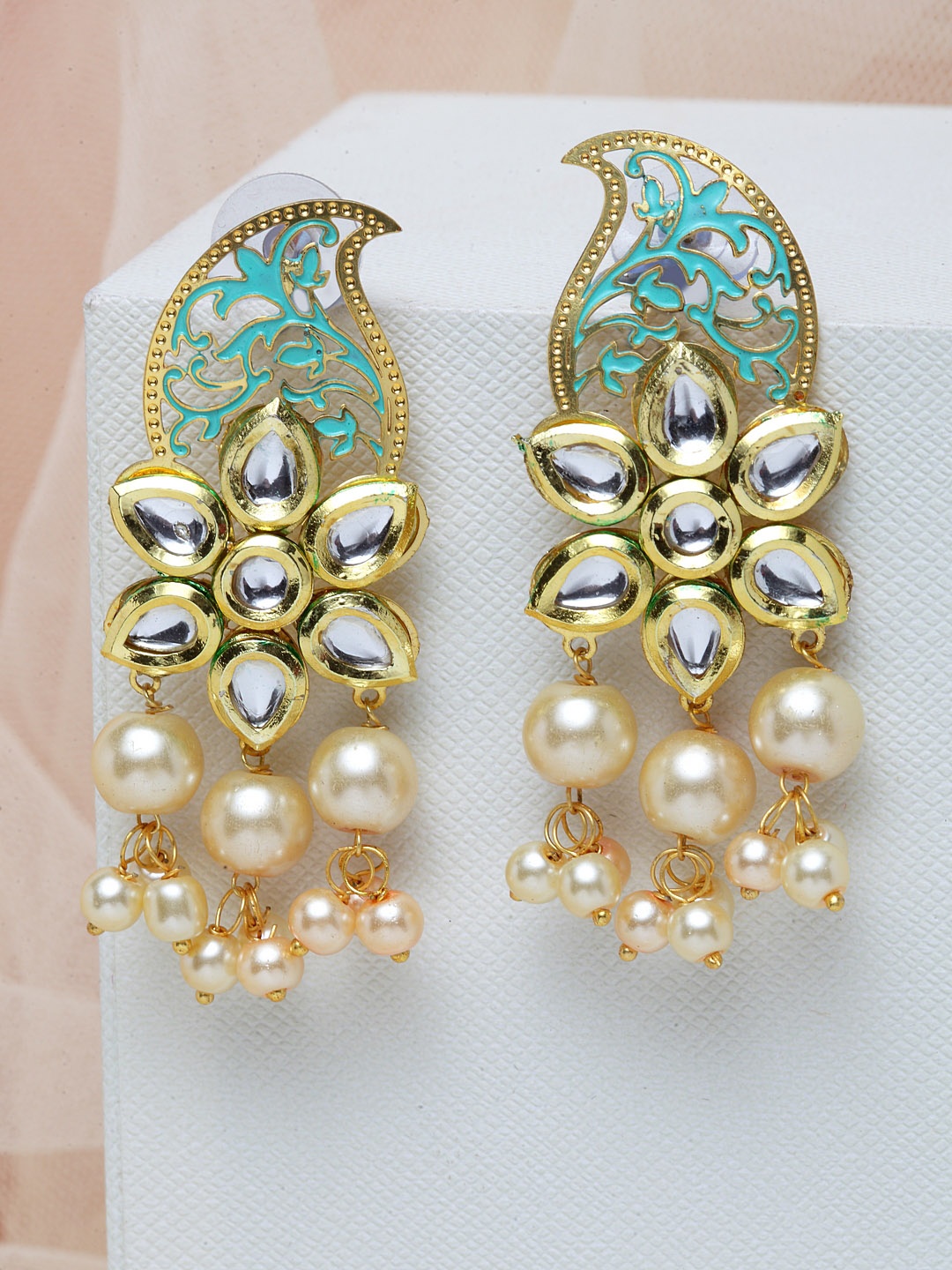 

PANASH Gold-Plated & Sea Green Kundan Paisley Shaped Drop Earrings