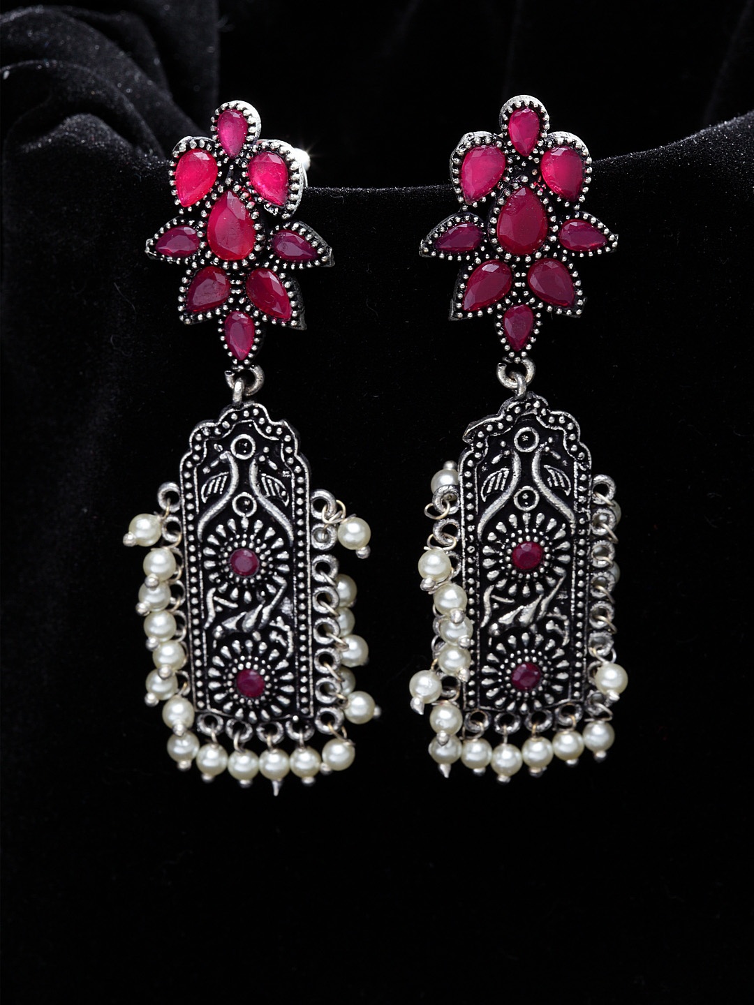 

PANASH Silver-Plated & Pink Oxidised Floral Drop Earrings
