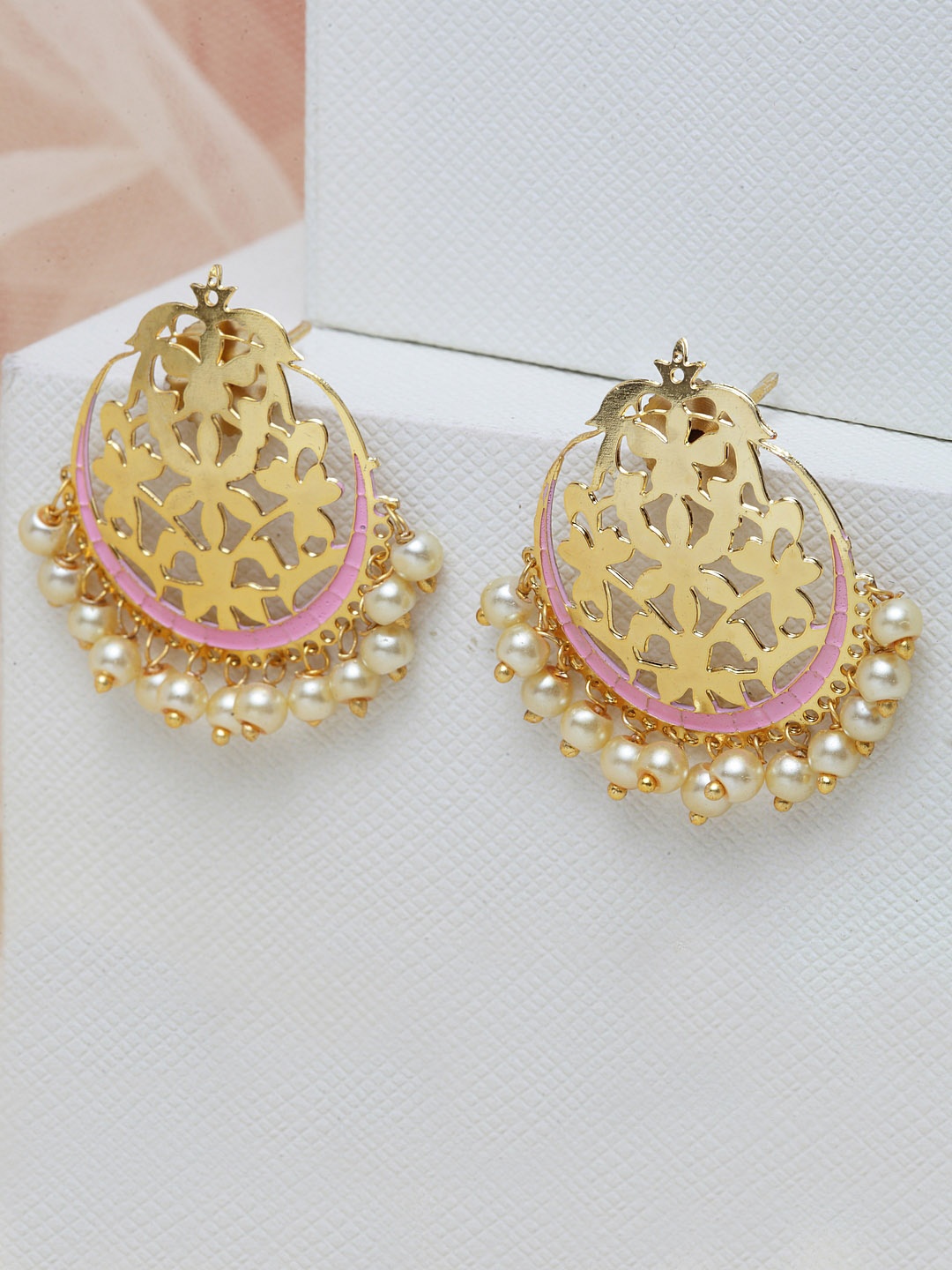 

PANASH Gold-Plated & Pink Meenakari Circular Drop Earrings