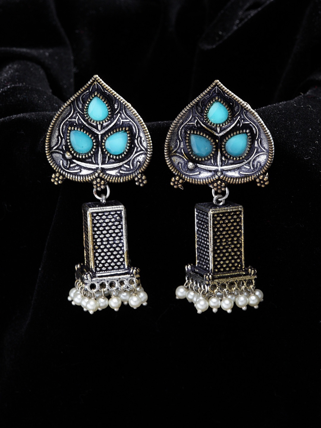 

PANASH Silver-Plated & Turquoise Blue Geometric Jhumkas