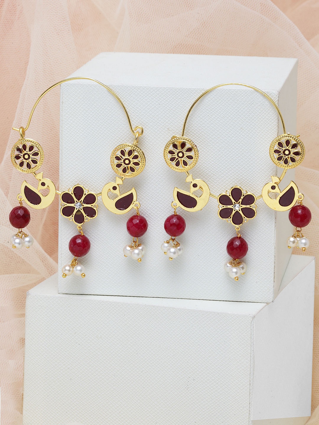 

PANASH Gold-Plated & Maroon Peacock Shaped Hoop Earrings