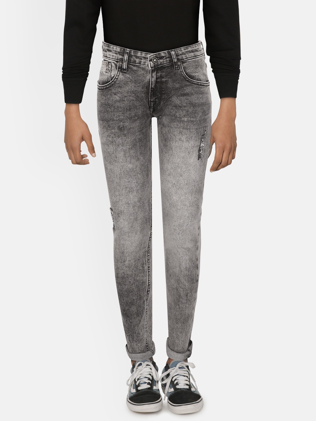 

Pepe Jeans Boys Charcoal Grey Cashed Slim Fit Mid-Rise Low Distress Stretchable Jeans
