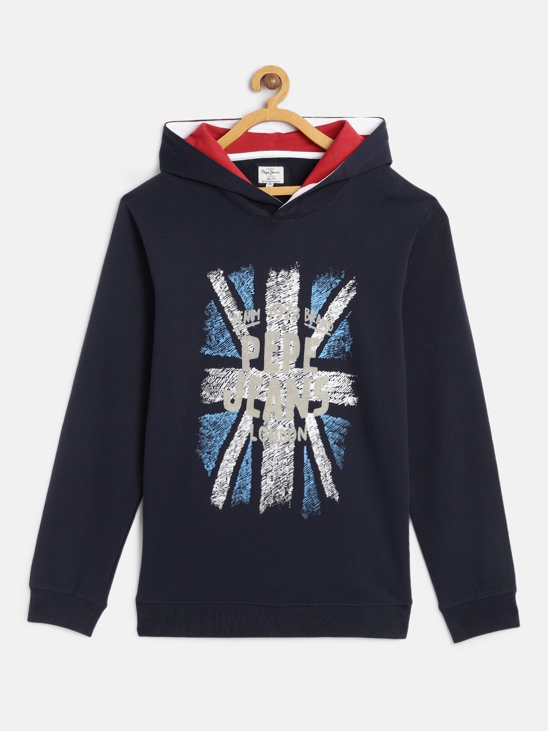 

Pepe Jeans Boys Navy Blue Pure Cotton Zinc Printed Hooded Sweatshirt