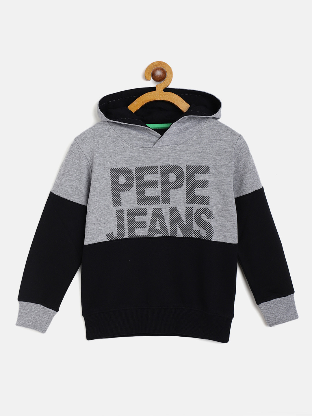 

Pepe Jeans Boys Grey Melange & Black Brand Logo & Colourblocked Hooded Sweatshirt