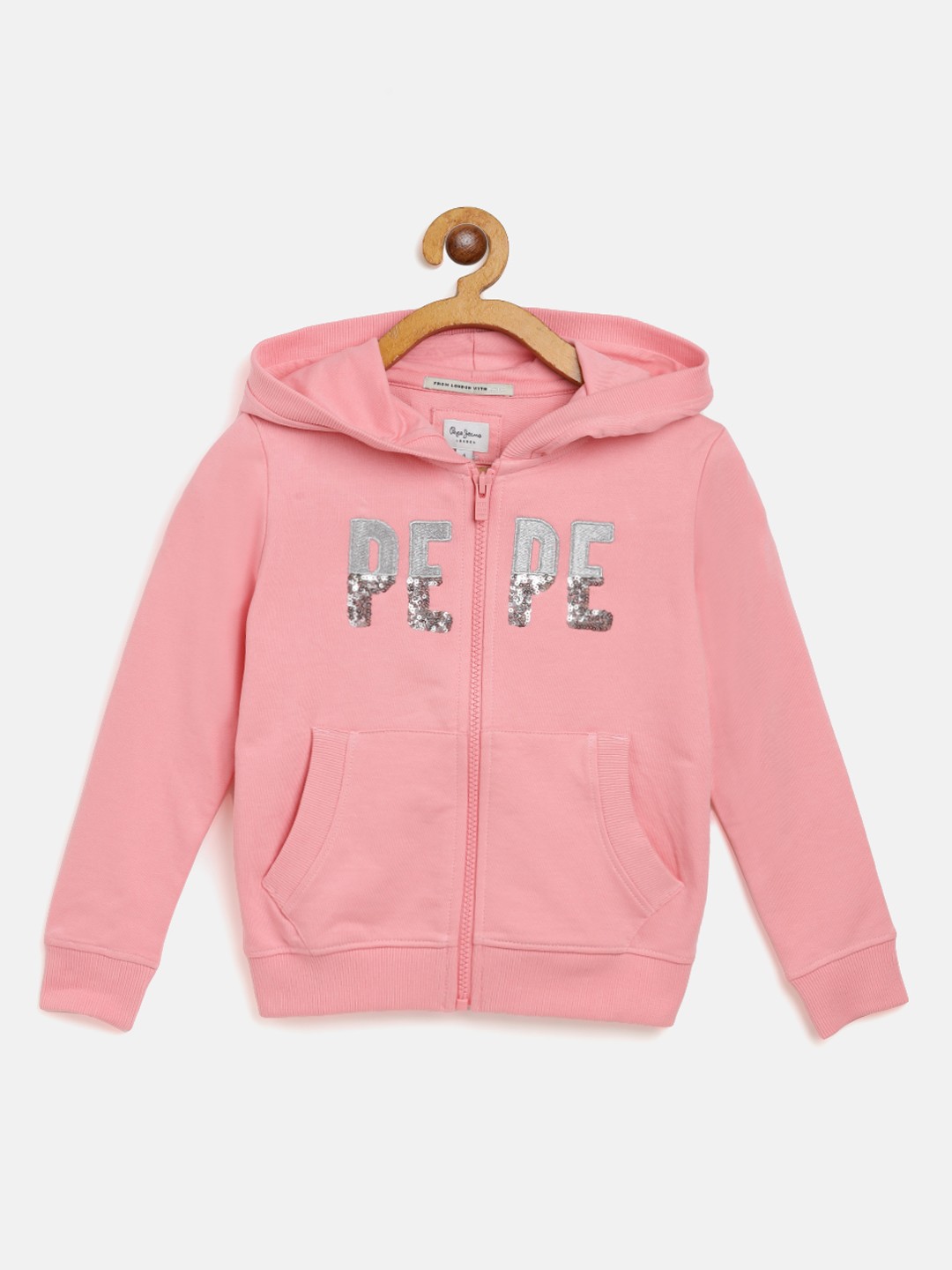 

Pepe Jeans Girls Peach-Coloured & Silver Brand Logo Embroidered Hooded Cotton Sweatshirt