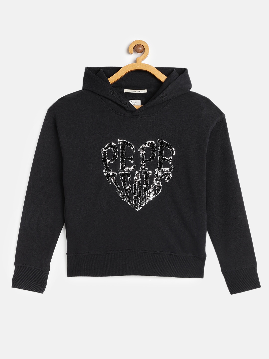 

Pepe Jeans Girls Black Embellished Hooded Pure Cotton Sweatshirt