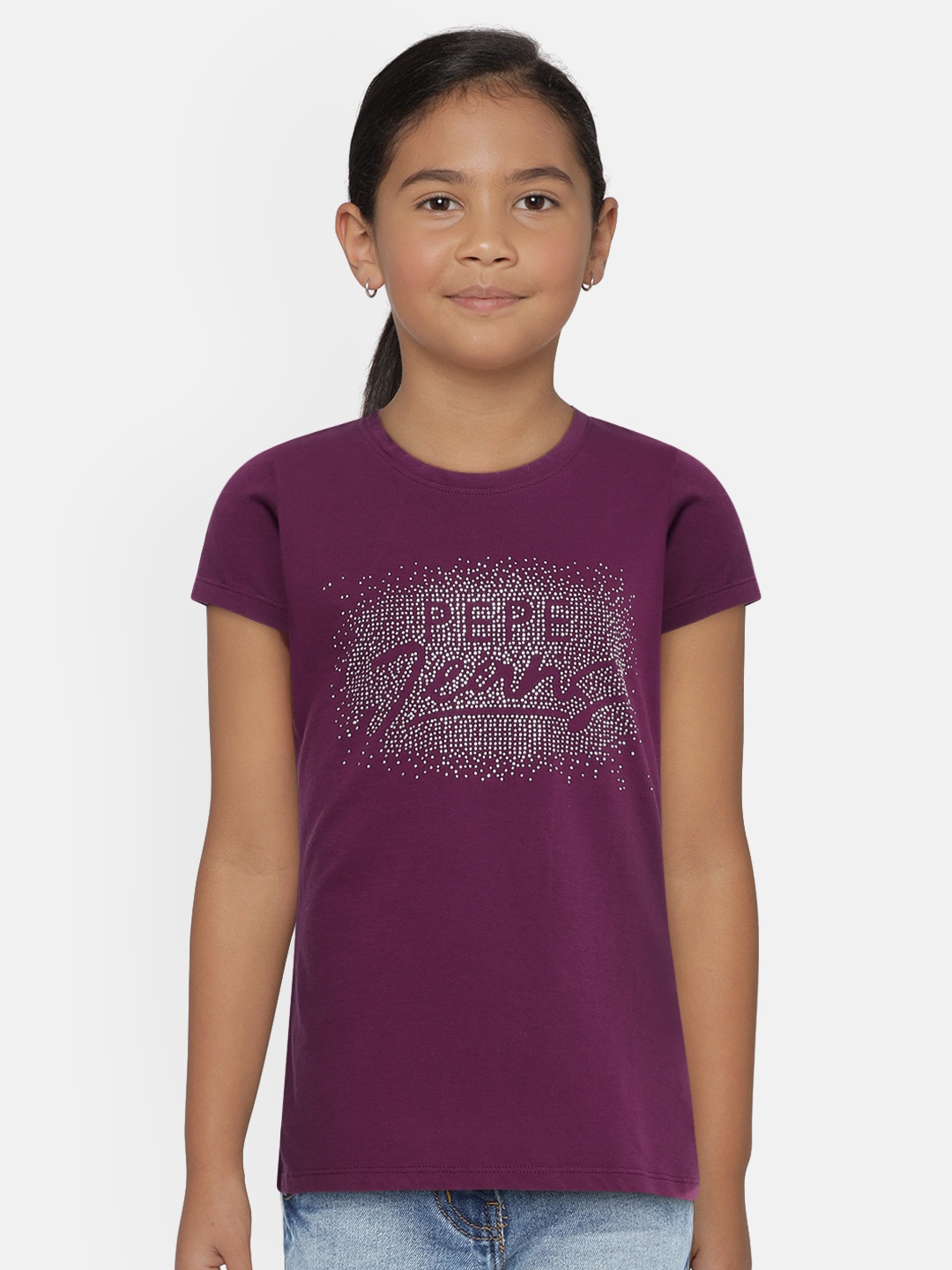 

Pepe Jeans Girls Purple LILY IP Embellished Round Neck Pure Cotton T-shirt