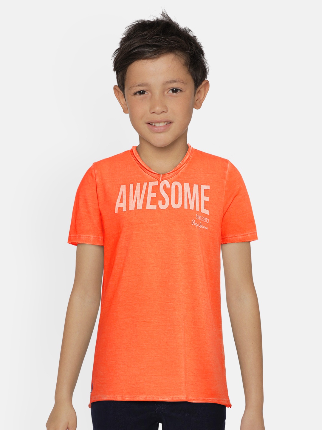 

Pepe Jeans Boys Orange COSMO SS IP Printed Round Neck Pure Cotton T-shirt