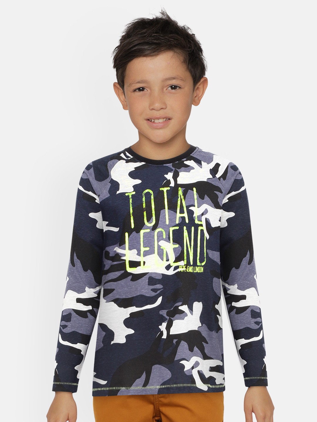 

Pepe Jeans Boys Navy Blue CALLUM LS IP Camouflage Print Round Neck T-shirt