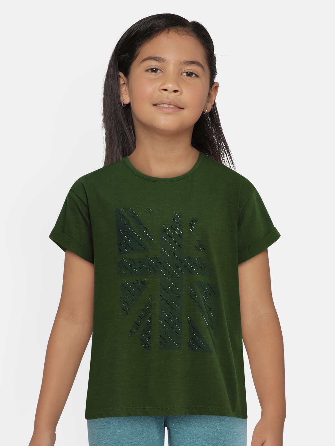 

Pepe Jeans Girls Olive Green Printed BRIONIA IP Round Neck Pure Cotton T-shirt