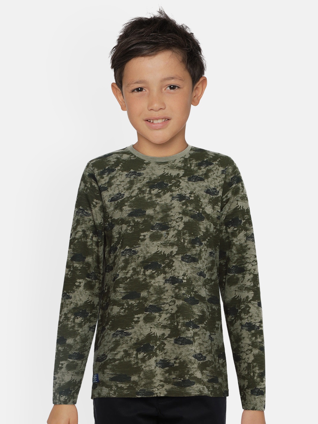 

Pepe Jeans Boys Olive Green Camouflage Printed ROSS LS IP Round Neck Cotton Pure Cotton T-shirt
