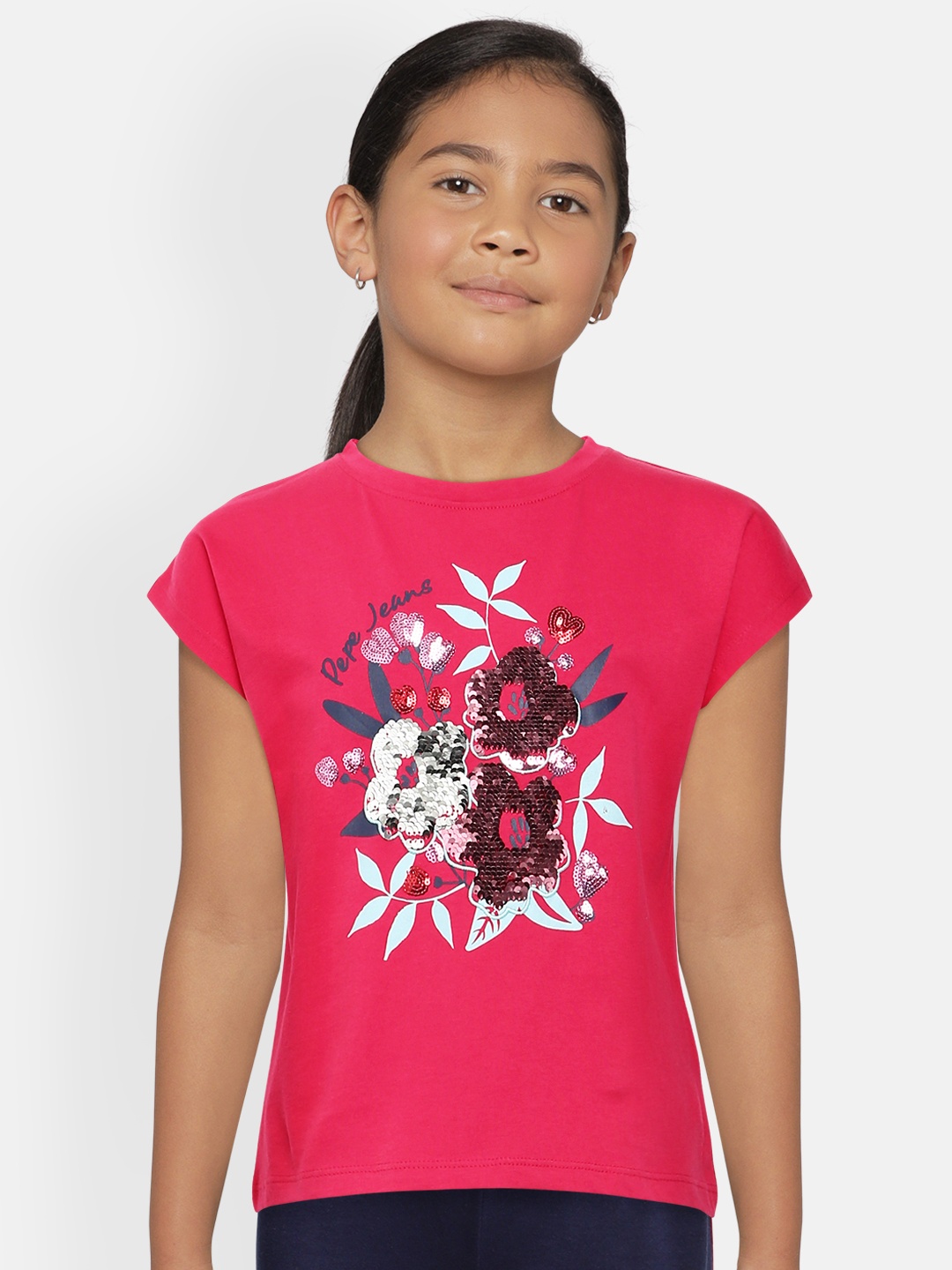 

Pepe Jeans Pink Sequined Pure Cotton VELORA IP Regular Top