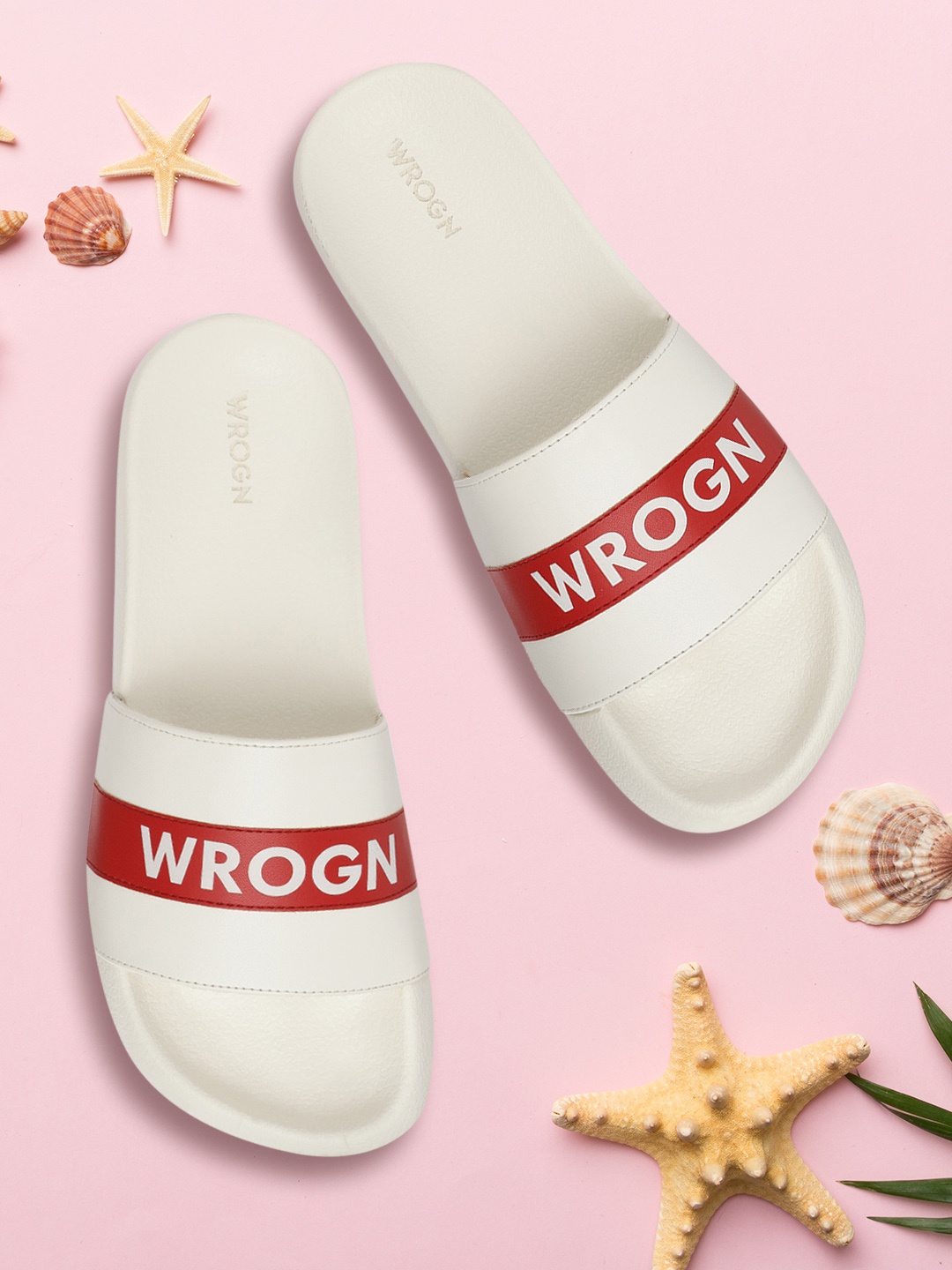 

WROGN Men White & Red Brand Logo Print Sliders