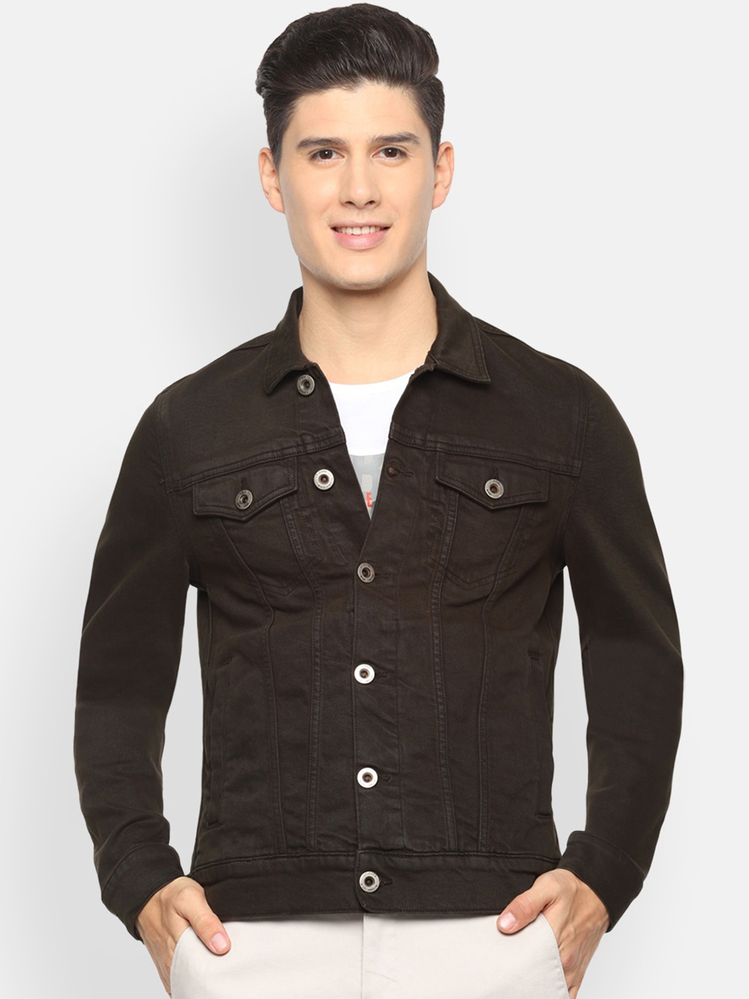 

Louis Philippe Jeans Men Brown Solid Denim Jacket