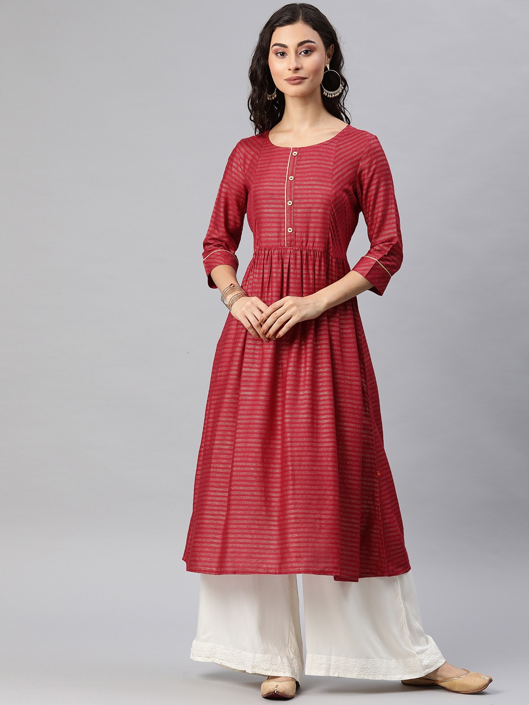 

Alena Women Maroon & Golden Striped Gathered A-Line Kurta