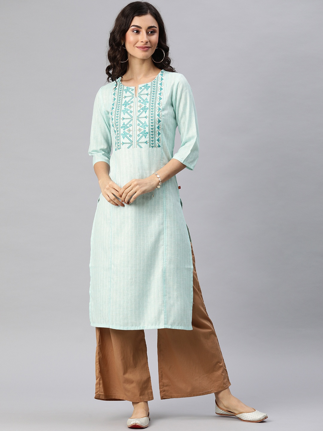 

Alena Women Turquoise Blue Yoke Design Panelled Straight Kurta