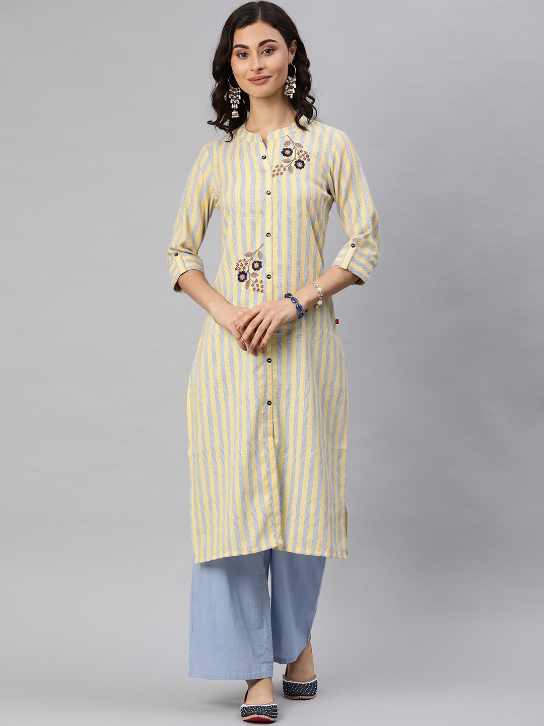 

Alena Women Yellow & Blue Striped Straight Kurta with Embroidery