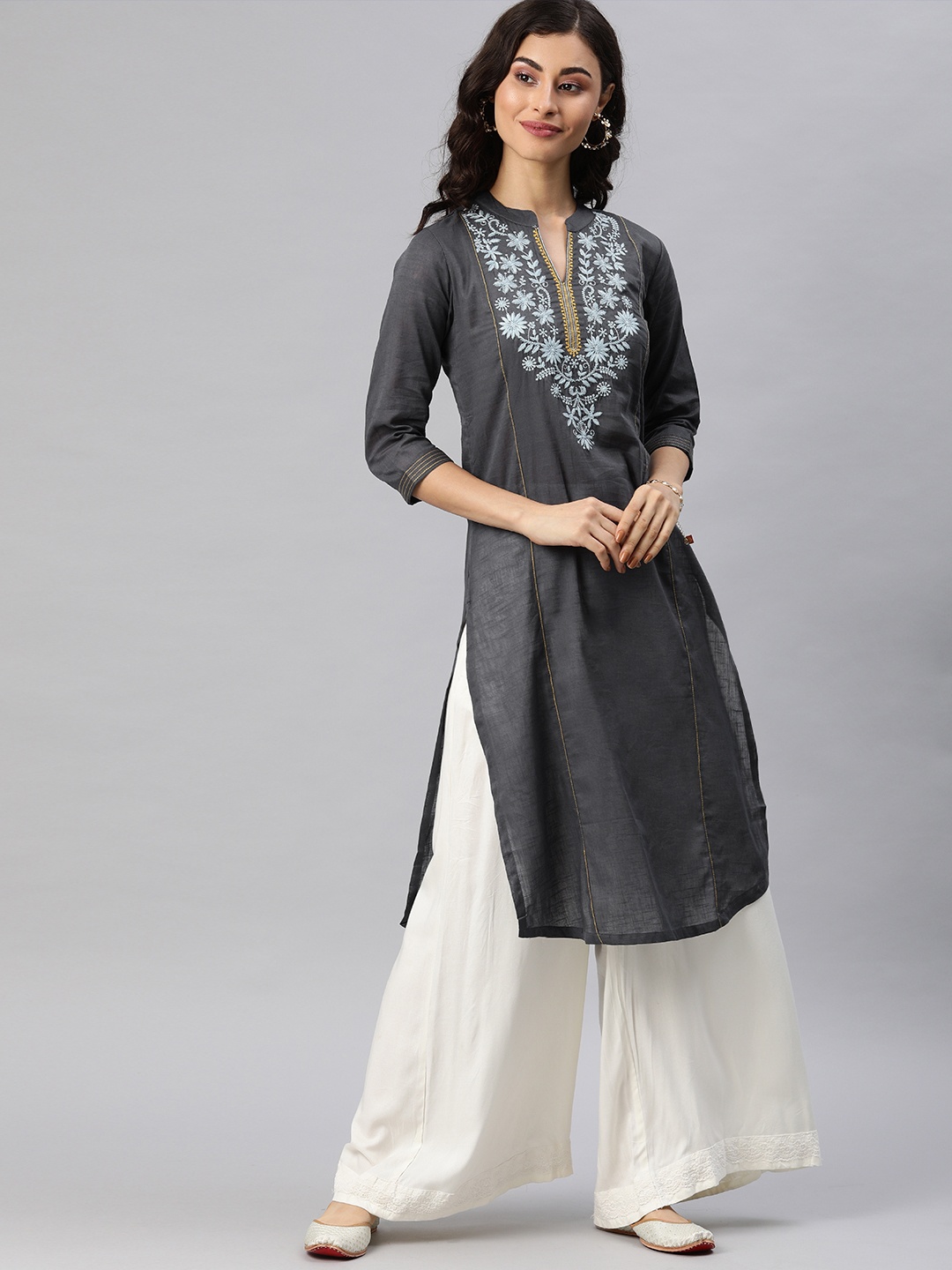 

Alena Women Grey Yoke Design Panelled Straight Kurta