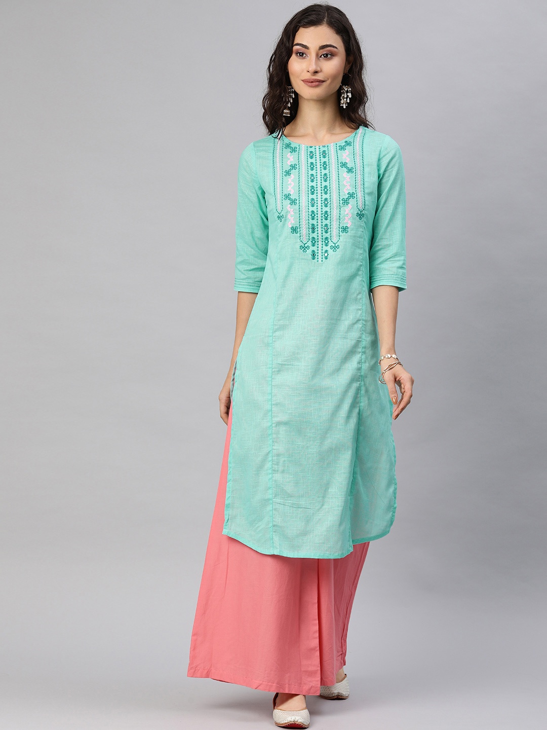

Alena Women Turquoise Blue Yoke Design Panelled Straight Kurta