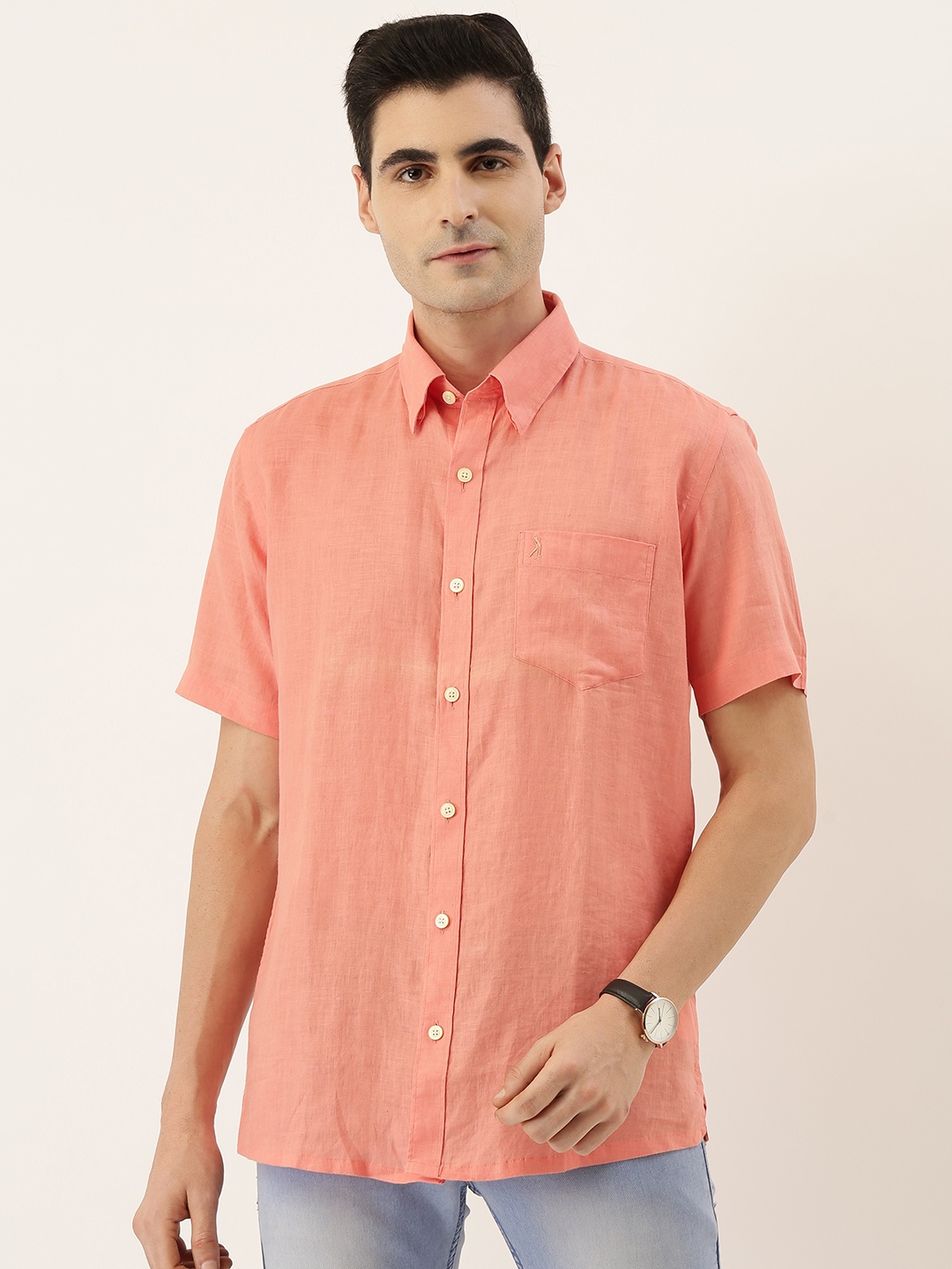 

Burnt Umber Men Peach-Coloured Comfort Slim Fit Solid Casual Linen Shirt
