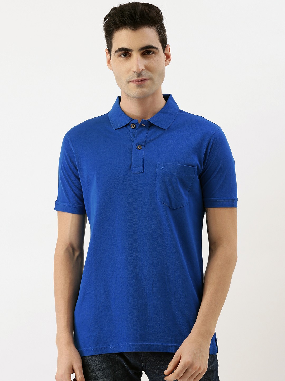 

Burnt Umber Men Blue Solid Polo Collar Pure Cotton T-shirt