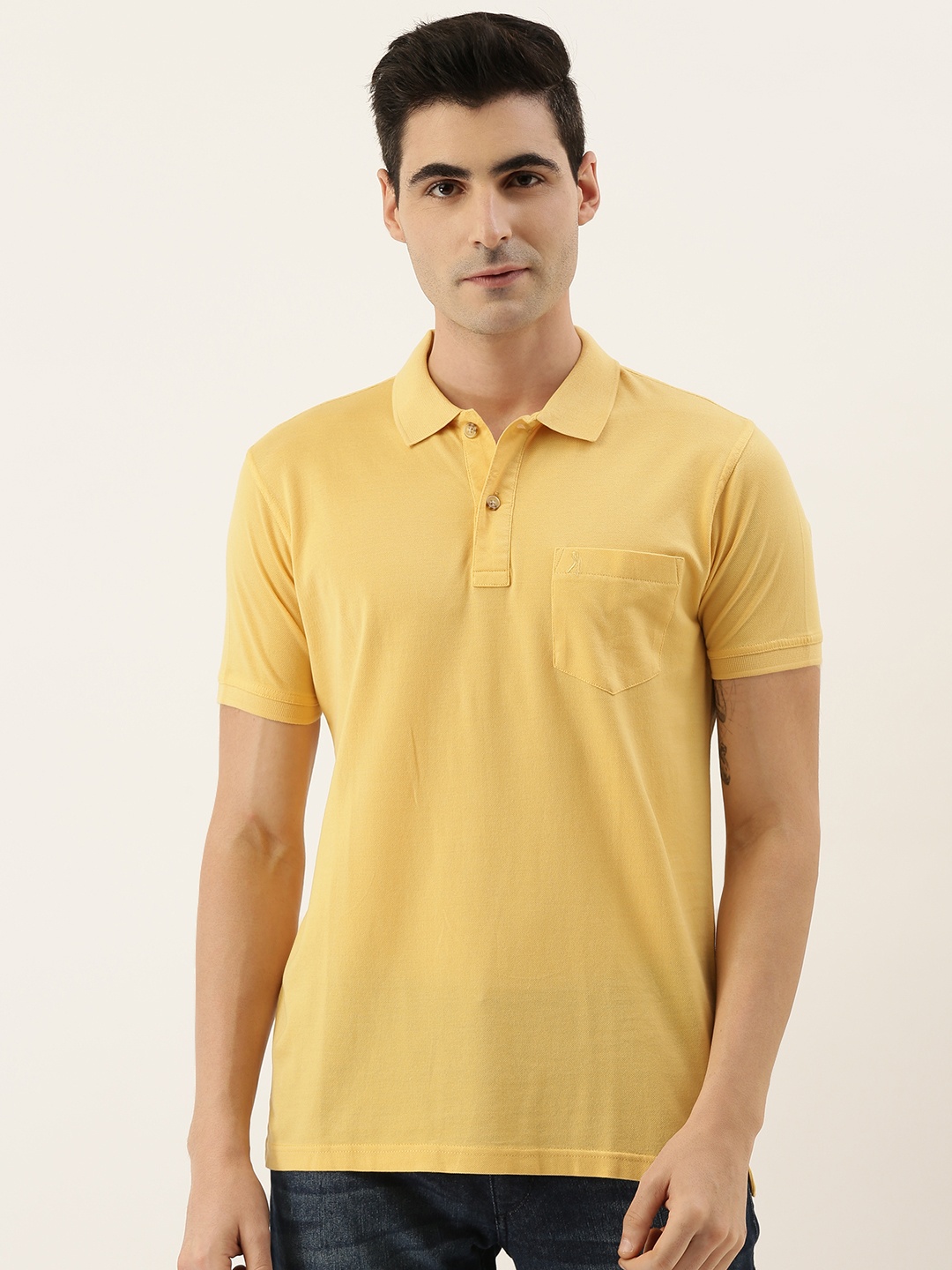 

Burnt Umber Men Yellow Solid Polo Collar Pure Cotton T-shirt