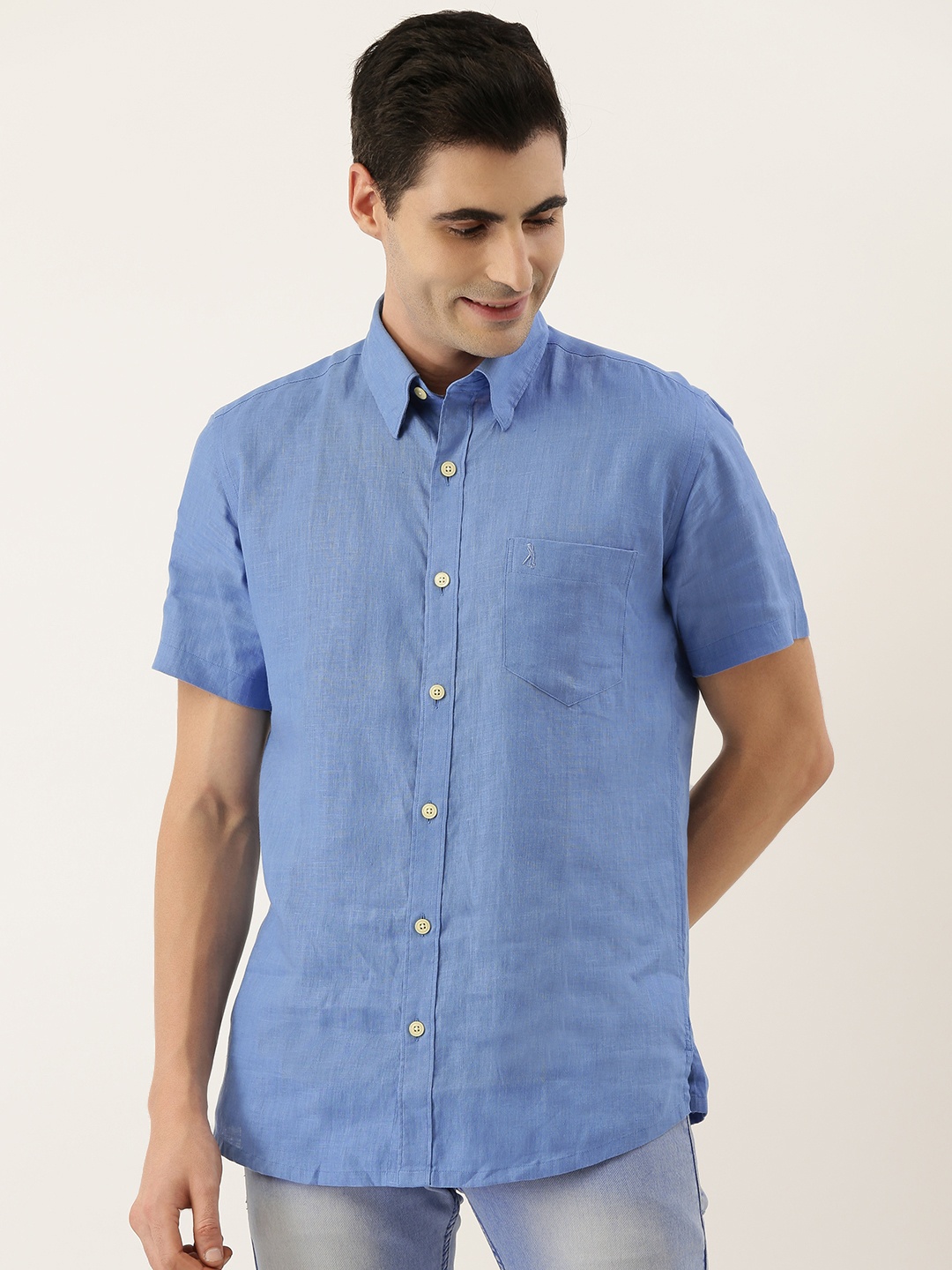 

Burnt Umber Men Blue Slim Fit Solid Linen Casual Shirt