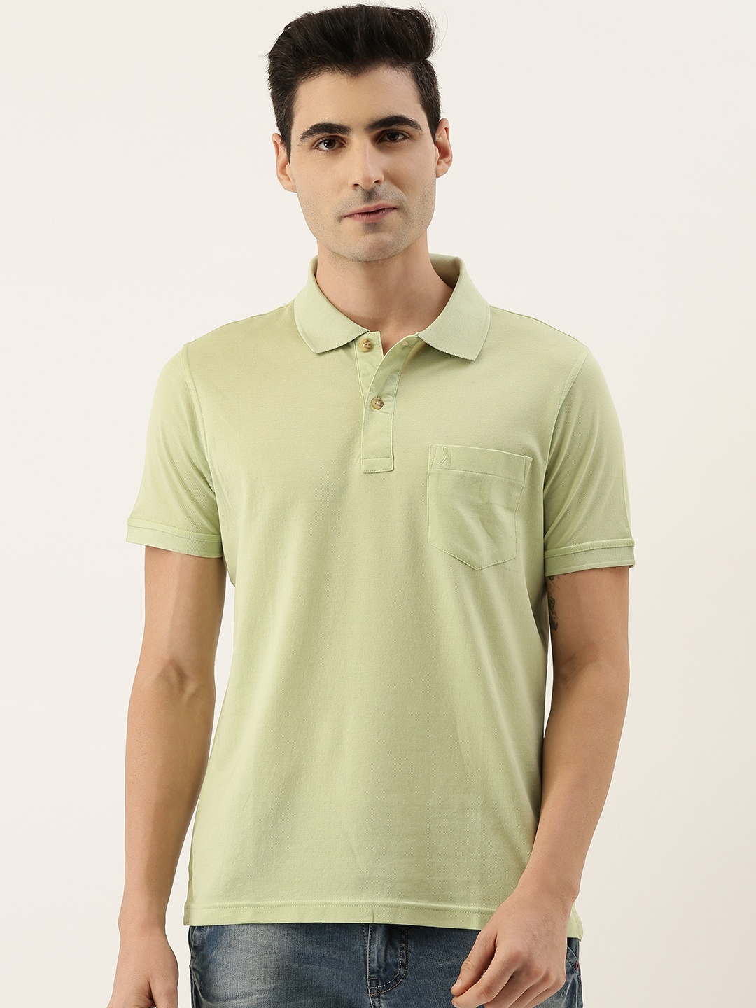 

Burnt Umber Men Green Solid Polo Collar Pure Cotton T-shirt
